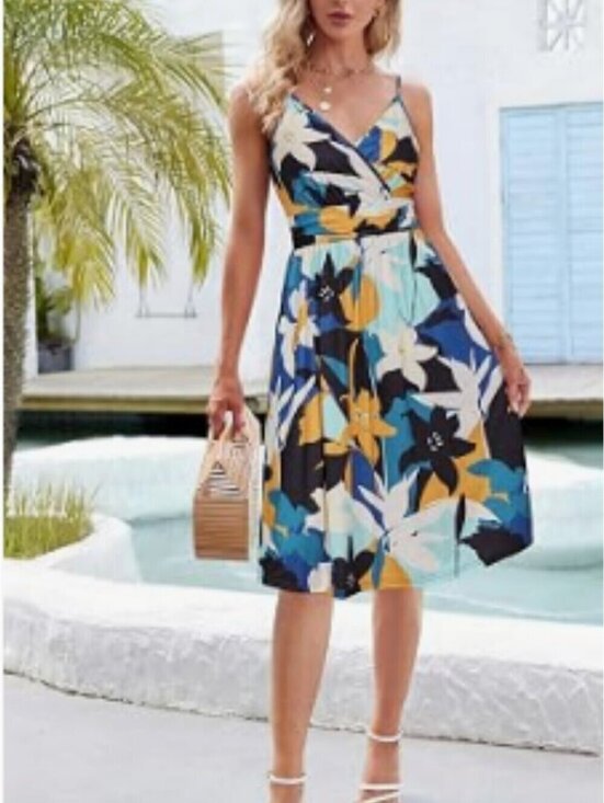 Dresses & Skirts - L | Blue and Tan Tropical Floral Faux Wrap Sundress